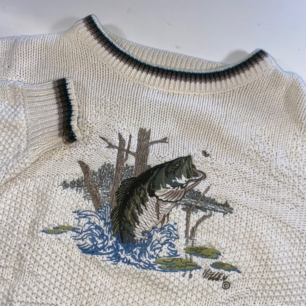 Shenandoah Vintage Bass Fishing Sweater Mens Large Cream Knit Made in USA L